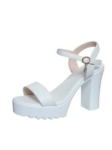 Giày sandal nữ, giày cao gót đế dày, sandal cao gót quai khóa bằng da PU, giày thời trang đi biển, giày cưới, mùa xuân/hè. - trắng - Xem 2