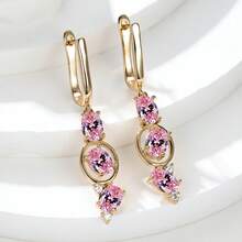 Vanel 1 paire de boucles d'oreilles pendantes dorées de luxe pavées de zirconium cubique, design en halo ovale. Bijoux de mode pour femmes, cadeau de bijoux élégant pour elle - Rose doré - Voir 3