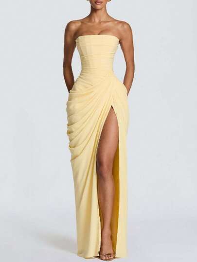 Vestido bandeau romántico francés con pliegues asimétricos y abierto alto