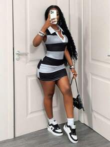 Striped Contrast Color Sleeveless Polo Collar Bodycon Mini Dress, Casual Comfortable Stretchy Slimming Short Dress For Daily Wear - Nhiều màu - Xem 7