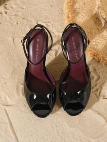 Sandalias de tacón alto de aguja con una sola correa, punta redonda, punta abierta, punta de mirilla, elegantes y sexys para uso al aire libre, adecuadas para combinar, zapatos de verano para mujer - Negro - Ver 7