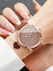 Set de 2 piezas: Reloj de pulsera de mujer de cuarzo con esfera minimalista + Pulsera con dije de corazón, sin caja de reloj incluida - Marrón - Ver 2