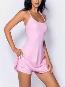 Sexy Backless Athletic Tennis Dress For Women – Built-In Shorts & Pockets, Slim Fit Golf Sportswear, Breathable Active Dress - 粉色 - 查看 4