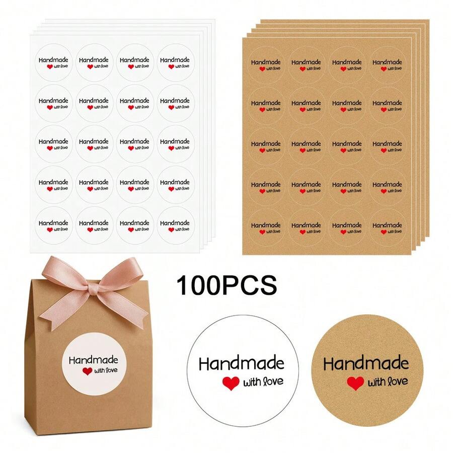 100PCS Self-Adhesive Decorative Round Sticker , With The Word "Handmade With Love",For Weddings, Birthdays, Parties,Holiday And Festive Events - View 1