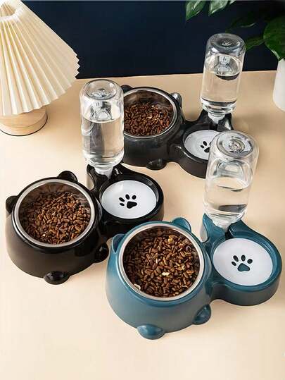 1pc 2-In-1 Cat Bowl, Dog Food & Water Bowl, Pet Supplies, Cat Bowl With Slanted Rim, Dog & Cat Feeding Bowl, Stainless Steel Auto-Refilling Pet Bowl