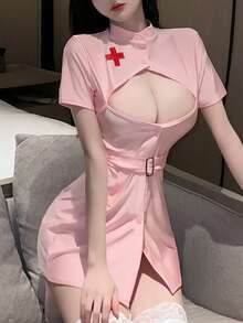 1pc Sexy Nurse Costume Mini Dress Set (Includes 1 Belt + 1 Headband), With Cross Logo, Suitable For Singles Party Pink - Pink - View 5