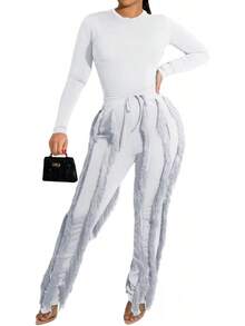 CALEBGAR Women's Sexy Two Piece Outfits Long Sleeve Fringe Pants Set Clubwear Going Out Birthday Party Night Outfits - trắng - Xem 6