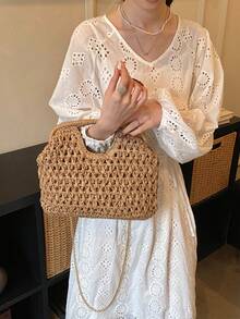 1 pieza Bolso de tela grueso tejido, diseño de ganchillo hueco, estilo de vacaciones francés, bolso de mano multifuncional para viajes y trabajo de verano (el color del producto real puede diferir ligeramente de la imagen debido a la iluminación y el ángulo durante la fotografía) - Caqui - Ver 6