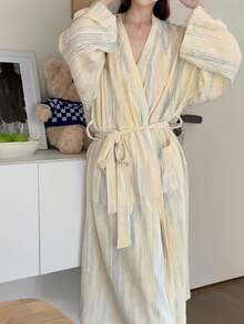 Áo choàng ngủ nữ kiểu Hàn Quốc thanh lịch, cổ chữ V, cổ kimono, thắt eo, dài đến đầu gối, thích hợp cho mùa xuân và mùa thu. - Nhiều màu - Xem 15