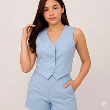 Girls' Teen Outfit With Cropped Vest And Tailored Shorts In Tailored Fabric With Transparent Buttons – Christmas Outfit For Girls, Teenagers And Pre-Teens, Elegant 2-Piece Look, Girls' And Teen Clothing, Stylish Teen Girl Fashion, Comfortable And Modern Teen Girls' Clothing - Màu xanh nhạt - Xem 3