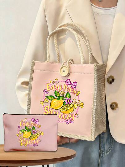 Sturdy Hangbag For Women With Lemon Bow Print & Button Closure, Shoulder Satchel Beach Shopping Bag, Large Capacity Lightweight Carryall Purse, Well-Made Durable Hangbag, Securely Stores Clothing Towels Food Fashion Glasses Sunscreen Smartphone Cosmetics Magazines, Perfect For Beach Party Traveling Daily Use, Essential Summer Gift For Wife Girlfriend Friend Colleague Daughter On Mother's Day.