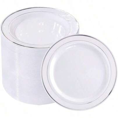 50/25/12/1 buc. Farfurii albe cu ramă dublă argintie, suporturi pentru tort elegante, reutilizabile și lavabile, disponibile în dimensiuni de 19 cm/25 cm, potrivite pentru petreceri în aer liber, nunți, Ziua Mamei, restaurante, bucătării, veselă ideală pentru sărbători și sărbători.