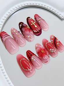 30 pièces Faux ongles en forme d'amande, autocollants d'art pour les ongles rapides, convient pour les fêtes - Multicolore - Voir 2