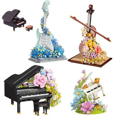 Bộ xếp hình 841 mảnh hình đàn piano và hoa bất tử, bộ sưu tập mô hình nhạc cụ sáng tạo, mô hình xếp hình nhỏ hình đàn piano/violin/bass, quà tặng trang trí bàn làm việc cho phụ nữ, thích hợp cho việc lắp ráp và trưng bày đầy trí tưởng tượng, không bao gồm đèn.