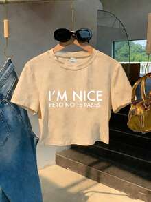Women'S Cropped T-Shirt, Summer Short American Style With A Fun Print, Featuring A Cropped Design And A Round Neck, Perfect For Layering. From A Local Warehouse - Apricot - View 7
