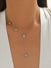 LIEBEIRIS 1 pieza Collar de acero inoxidable con cadena en forma de Y chapada en oro de 18K y colgante de estrella octagonal para mujeres - Plateado - Ver 4