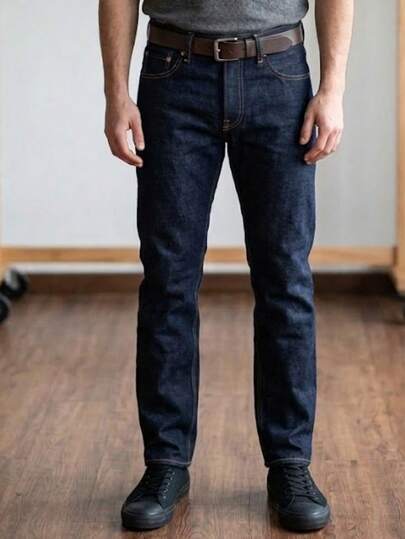 Calça jeans masculina azul índigo escuro, corte slim reto, com braguilha de zíper.