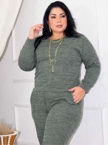 Plus Size Set: Long-Sleeved Blouse And High-Waisted Wide-Leg Pants With Pockets, In Premium Ribbed Knit - Elegant Women's Sweater, Comfortable For Winter, Cold Weather, Everyday Wear, Sizes GG, G1, G2, Cotton, Heather Green. - 綠色 - 查看 6