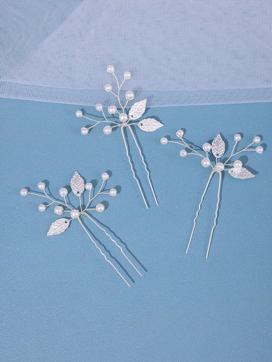 3 Pcs/Set Elegant Handmade Bridal Wedding Alloy Leaf Pearl Hairpin,Summer,Beach - Silver - View 1