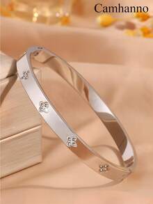 1/5 piezas Brazalete de mujer de acero inoxidable chapado en oro, brazalete apilable clásico con incrustaciones de rhinestone, joyería resistente a la oxidación y al agua - Plateado - Ver 5
