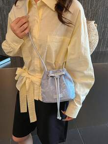 1个尼龙纯色抽绳水桶包，迷你斜挎单肩包，女士时尚款 - 淺藍色 - 查看 6