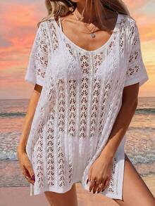 Áo khoác mùa hè dệt kim móc dáng rộng, khoét lỗ, gợi cảm, cổ chữ V, chất liệu xuyên thấu, dành cho nữ, thích hợp cho kỳ nghỉ biển, màu trắng. - trắng - Xem 6