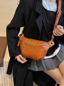 Bolso de pecho de cadena de moda para mujer, hecho de material de PU, cierre con cremallera, bolso de cintura portátil que cabe el teléfono, estilo minimalista de unicolor, adecuado para compras, citas, salidas, tamaño compacto - Marrón - Ver 6