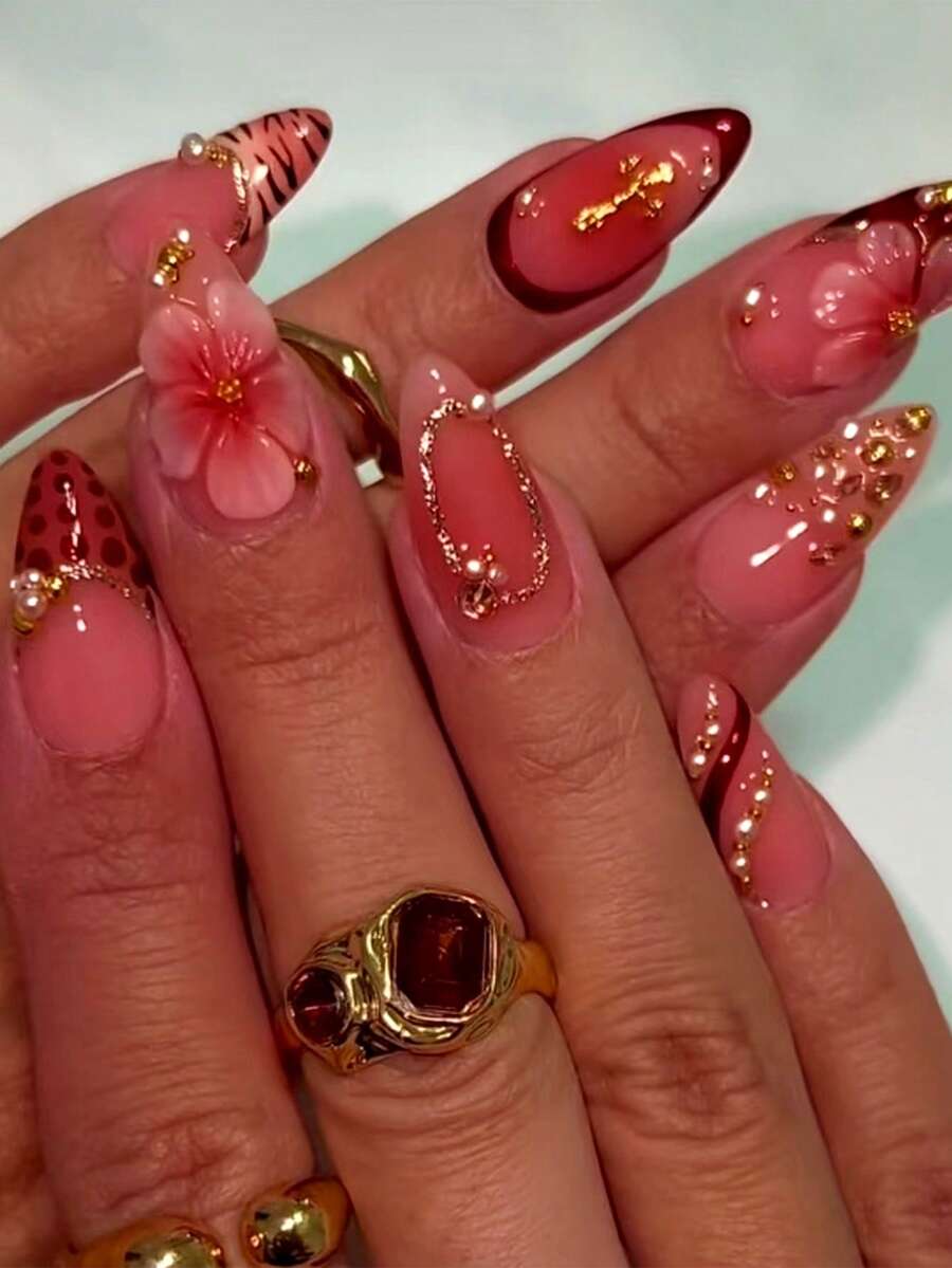 30 pièces Faux ongles en forme d'amande, autocollants d'art pour les ongles rapides, convient pour les fêtes - Multicolore - Voir 1