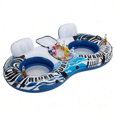 2-Person Inflatable River Tube, Heavy Duty Tube Float For River Pool Lake Beach W/Built-In Cooler & Cup Holders, Ergonomic Backrest, Durable Handles & Grab Rope