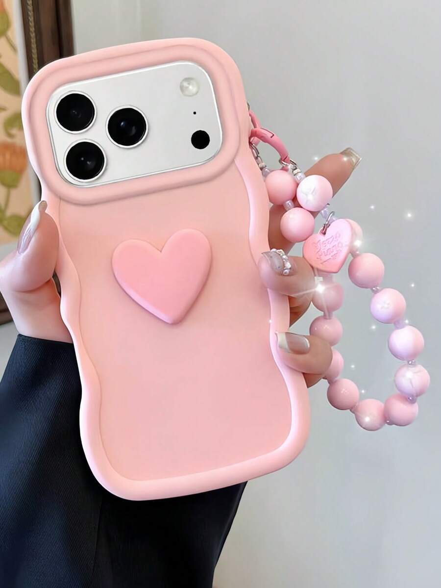 1个精美柔粉色3D爱心波浪边手机壳，配有串珠链，防震、防滑、防刮，兼容苹果17 Pro Max、17/16/15/14/13/12/11系列、S20-S25系列、Note 14/13/12系列和A56 5G，是送给女性/女孩的完美情人节/生日礼物，也是新年礼物的理想之选。 - 粉色 - 查看 1