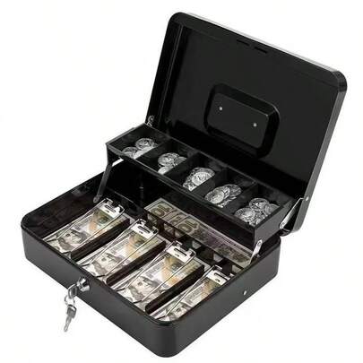 1 caja de caudales de metal resistente y grande con cerradura y bandeja para el dinero - cerradura de con 2 llaves, compartimentos extraíbles para monedas y billetes, asa de transporte resistente para el hogar, la oficina y los puntos de . Caja de caudales negra para guardar billetes, monedas y objetos de valor. - Diseñada para cajas registradoras, pequeños negocios y entornos minoristas con bandeja extraíble para monedas, mecanismo de y asa de acero inoxidable - Oficina/Tienda