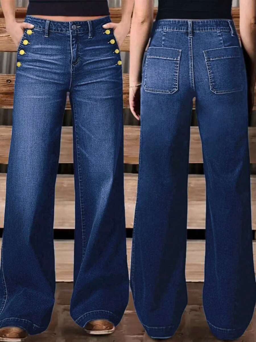 Celana Jeans Kasual Slim Straight Wanita Model Baru dengan Banyak Kancing, Bahan Denim Berkualitas Tinggi untuk Musim Semi