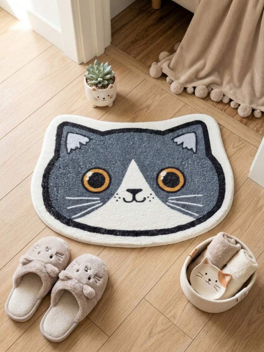 1pc Cute Cat Head Shaped Asymmetrical Doormat, New Spring/Summer Item, Decorative Mat For Home, Bathroom, Bedroom, Living Room, Washable Carpet - Multicolor - View 1