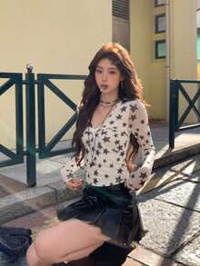 夏季新款女士印花扭结网眼修身T恤 - 杏色 - 查看 3