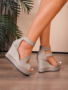 Sandales à talons compensés épais à bout ouvert  pour femmes, nouvelles pour l'été. Sandales à talons hauts à bout ouvert et fermeture éclair - Beige - Voir 4