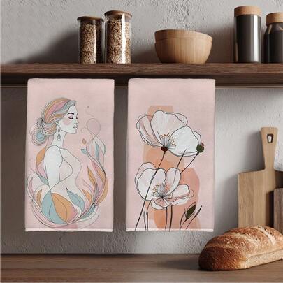 Bộ 2 khăn lau bát đĩa in họa tiết hoa tối giản hiện đại, kích thước 40*60cm, chất liệu microfiber thấm hút cao, thích hợp cho nhà bếp, phòng tắm, làm quà tặng tân gia, giá trị tuyệt vời.