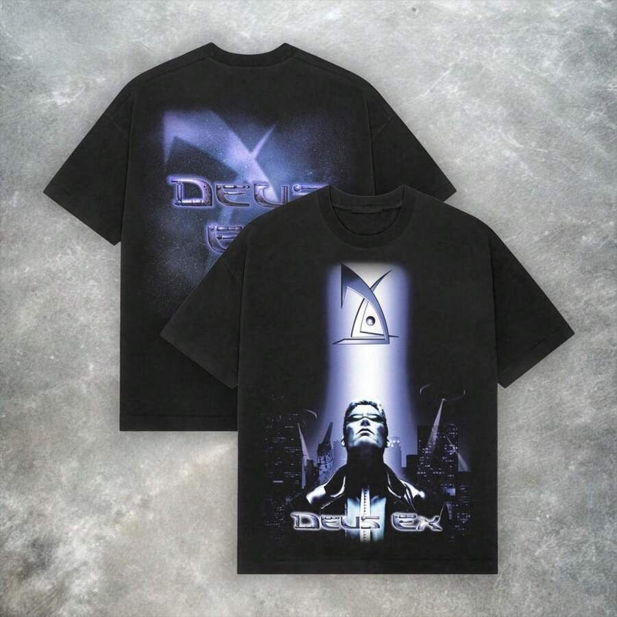 Deus Ex Vintage Tee – Y2K Cyberpunk RPG Heavyweight Cotton Shirt - 黑色 - 查看 1