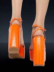 Women's Orange Crocodile Embossed Platform Open Toe Wedges | Y2K Chunky Strappy Vegan Sandals - trái cam - Xem 7