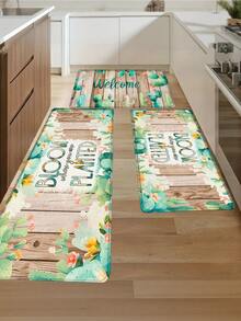 1 pieza Alfombra de cocina con patrón de hoja de eucalipto y grano de madera vintage WELCOME, tapete de cocina con alivio de presión, material absorbente y resistente al aceite, cómodo para estar de pie y caminar, tapete de pie para cocina, tapete de piso de cocina, alfombra a rayas, alfombra pequeña de cocina, tapete de entrada, suministros de cocina, decoración de cocina, juego de cocina, tapete de espuma - Multicolor - Ver 2