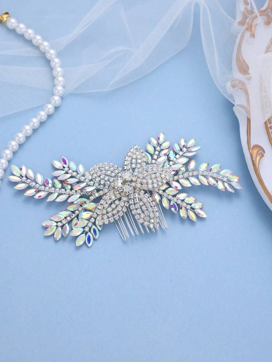 1pc Women's Iridescent AB Crystal Leaf Hair Comb, Elegant Bridal Hair Accessory For Wedding, Ball, Party,Festival,Birthday - Color - View 1