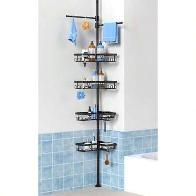Black Shower Caddy Tension Pole With 2 Towel Bars, Adjustable Corner Bathroom Organizer, Rustproof Bathtub Storage Shelves Shampoo, 25-114.2 Inch Shower Corner Rack Renters Family