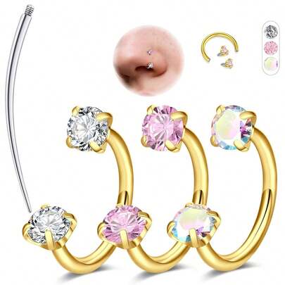 4件套16G马蹄形鼻环，女士款，8mm马蹄形穿刺饰品套装，金色和银色，双宝石马蹄形鼻环，医用钢材质，可用于耳骨、耳廓、耳屏、唇钉等。