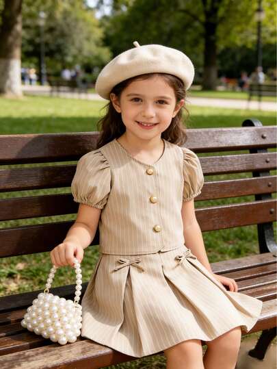 Toddler Girls' Striped Casual Puff Sleeve Top + Skirt Set, Elegant V-Neck Button Design, Sweet Bow Decor, Suitable For School, Formal Occasions, Family Gatherings, Festivals