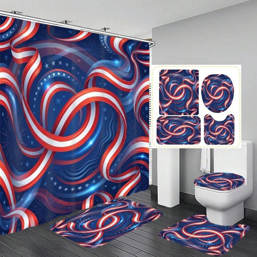 1 pieza/4 piezas Conjunto de cortina de ducha decorativa para el baño con estampado de bandera estadounidense y cinta, incluye 12 ganchos gratis, crea un ambiente festivo elegante, alfombra de baño, alfombra en forma de U y alfombra redonda para el inodoro, adecuado para todo tipo de escenarios en el baño - Cinta de la bandera estadounidense - Ver 1