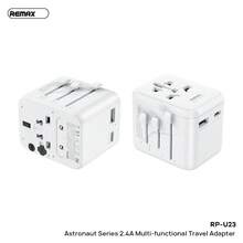 REMAX Aerospace 2.4A Multi-Functional Travel Adapter, Mobile Phone And Laptop Charger, Features A Robust And High-Temperature Resistant PC Fire-Retardant Shell, USB-A And Type-C Interfaces, Both Supporting 12W Charging, And Integrates UK/EU/US/Australian Plugs. - White - View 3