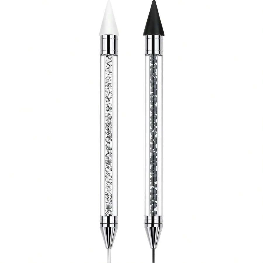 Rhinestone Picker Dotting Pen, Dual-Ended Rhinestone Gems Crystals Studs Picker Wax Pencil Pen Crystal Beads Handle Manicure Nail Art DIY Decoration Tool (Black White)