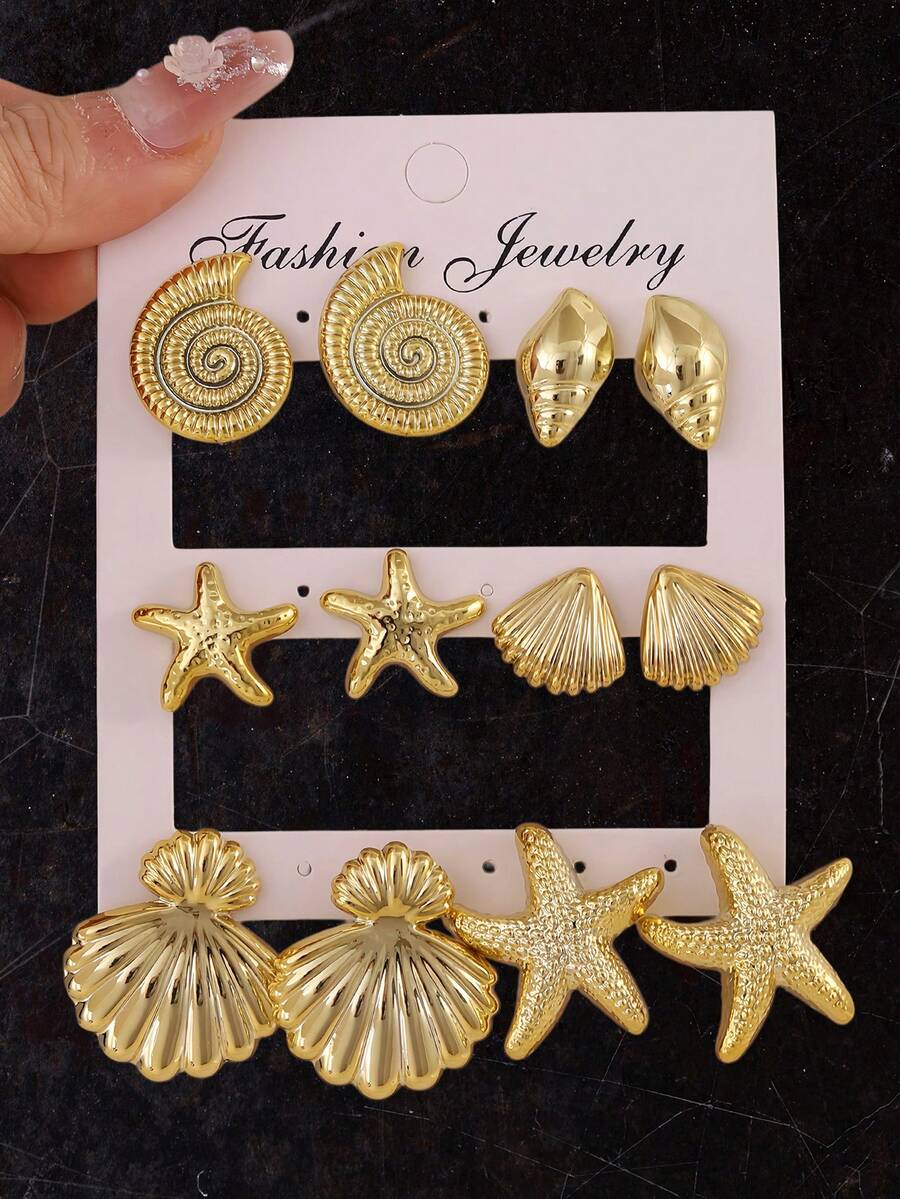 2-12pcs Women's Gold Tone Earring Set, Starfish, Seashell, Scallop, Shell, Suitable For Casual, Beach, Travel Wear - Gold - View 1