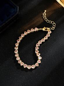 1pc Luxurious Copper Zirconia Inlaid Heart-Shaped Link Tennis Bracelet With Fashion For Women - 心型款 - 查看 2