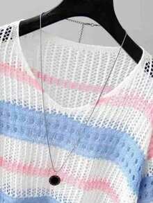 Baju Pelindung Matahari Longgar Kasual Bergaris Berongga, Pullover Rajut Leher V Blok Warna Retro, Putih untuk Liburan Musim Panas dan Musim Semi - Putih - View 3