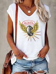 Women's Casual Summer V-Neck Vest | Von D Winged Tire Logo | Perfect For Daily Wear, Outdoor Leisure, Loungewear, Back-To-School Season, Mother's Day & More Summer Occasions  | Daily Gift. - 白色 - 查看 2
